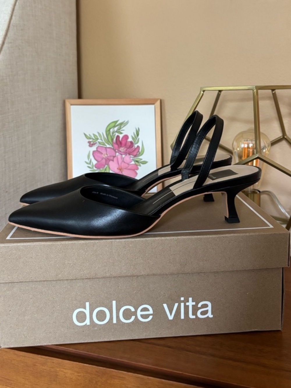 Dolce Vita Black Leather Pointed Slingback Kitten Heel Pumps